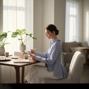 DESIGNER OVELIA TRANSTOTO BLUE/WHITE STRIPED COLLAR BUTTOM-UP LONG SLEEVE BLOUSE